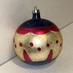 ANTIQUE 4 1/2 " DIAMETER MERCURY GLASS HAND PAINTED‎ CHRISTMAS ORNAMENT BALL